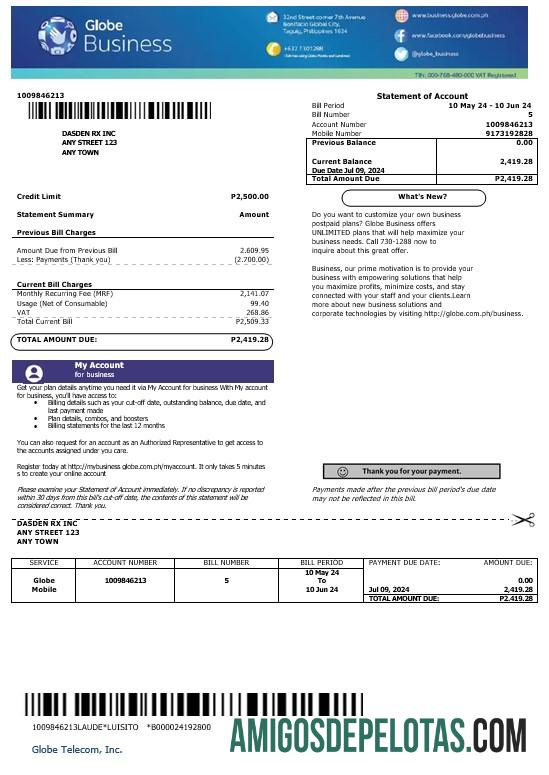 Em branco modelo de conta de serviços públicos do Globe Business das Filipinas em formatos Word e PDF